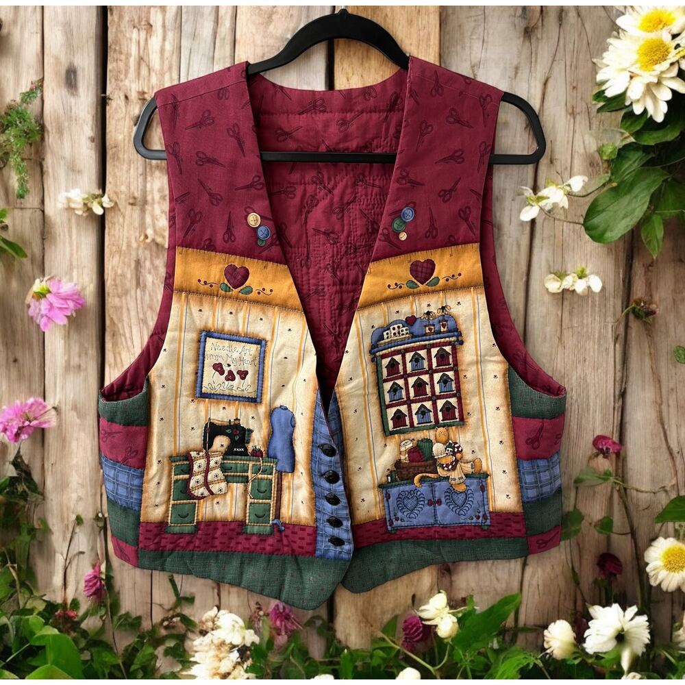 Vintage 90s‎ Handmade Vest Women Red Sewing Cats Cottage Granny Needle quilting